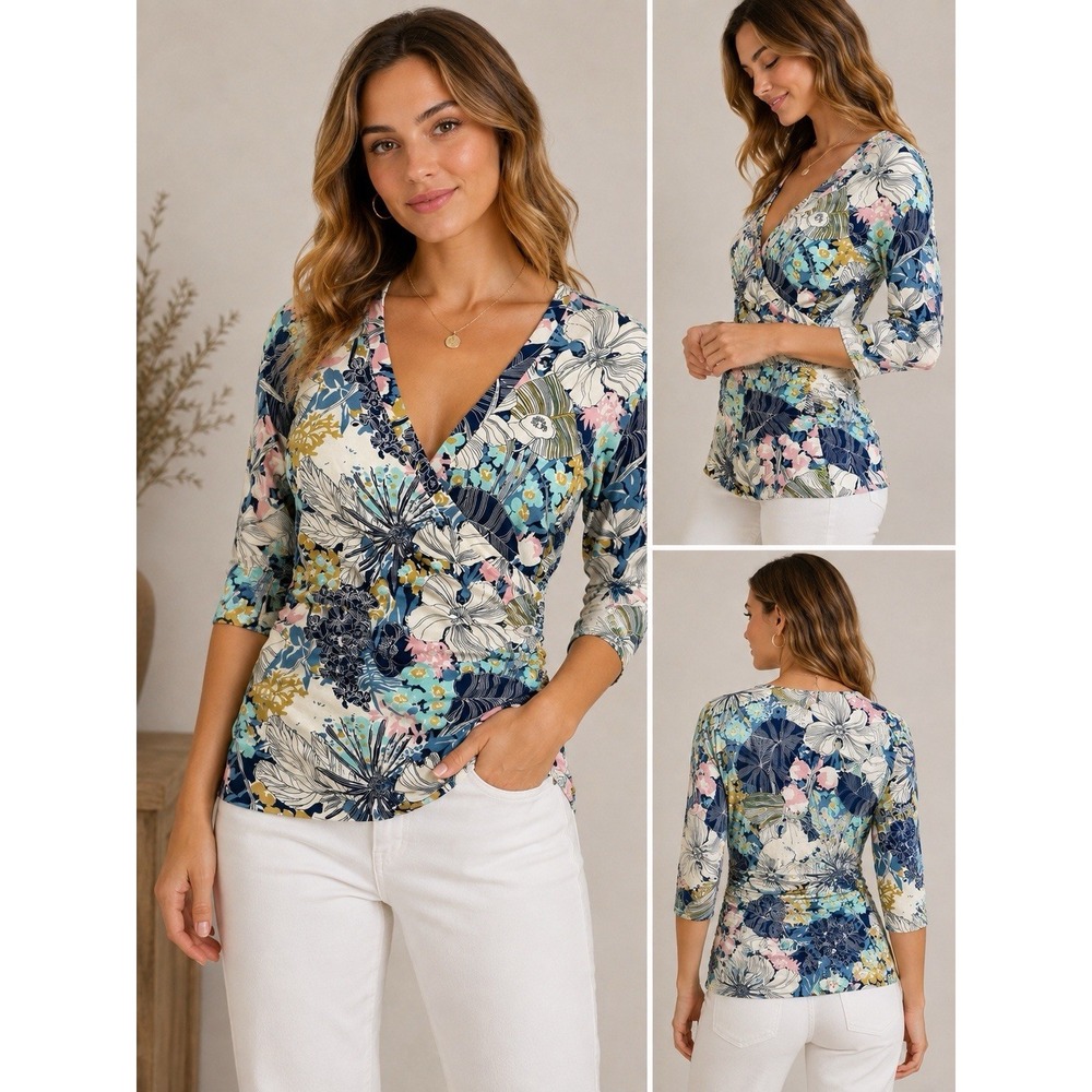 Cabi Multicolor Abstract Floral Faux Wrap Top 3/4 Sleeve Size Small
